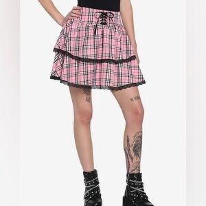 Hot Topic Pink Plaid Skirt with Lace Trim